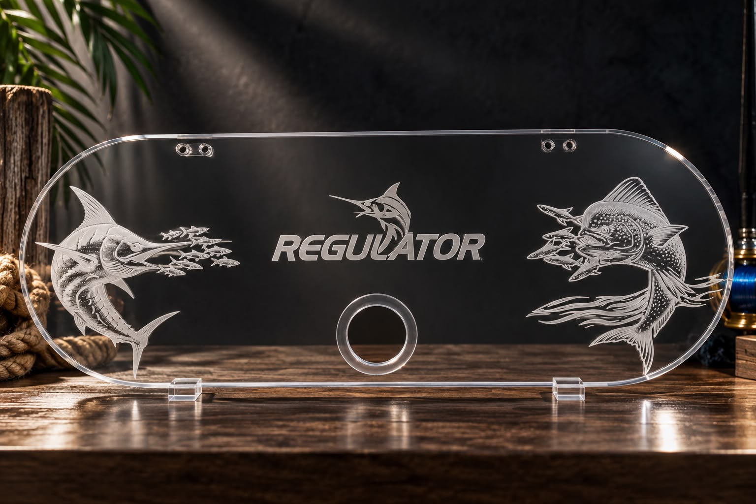 Custom engraved acrylic boat panel with detailed fish artwork