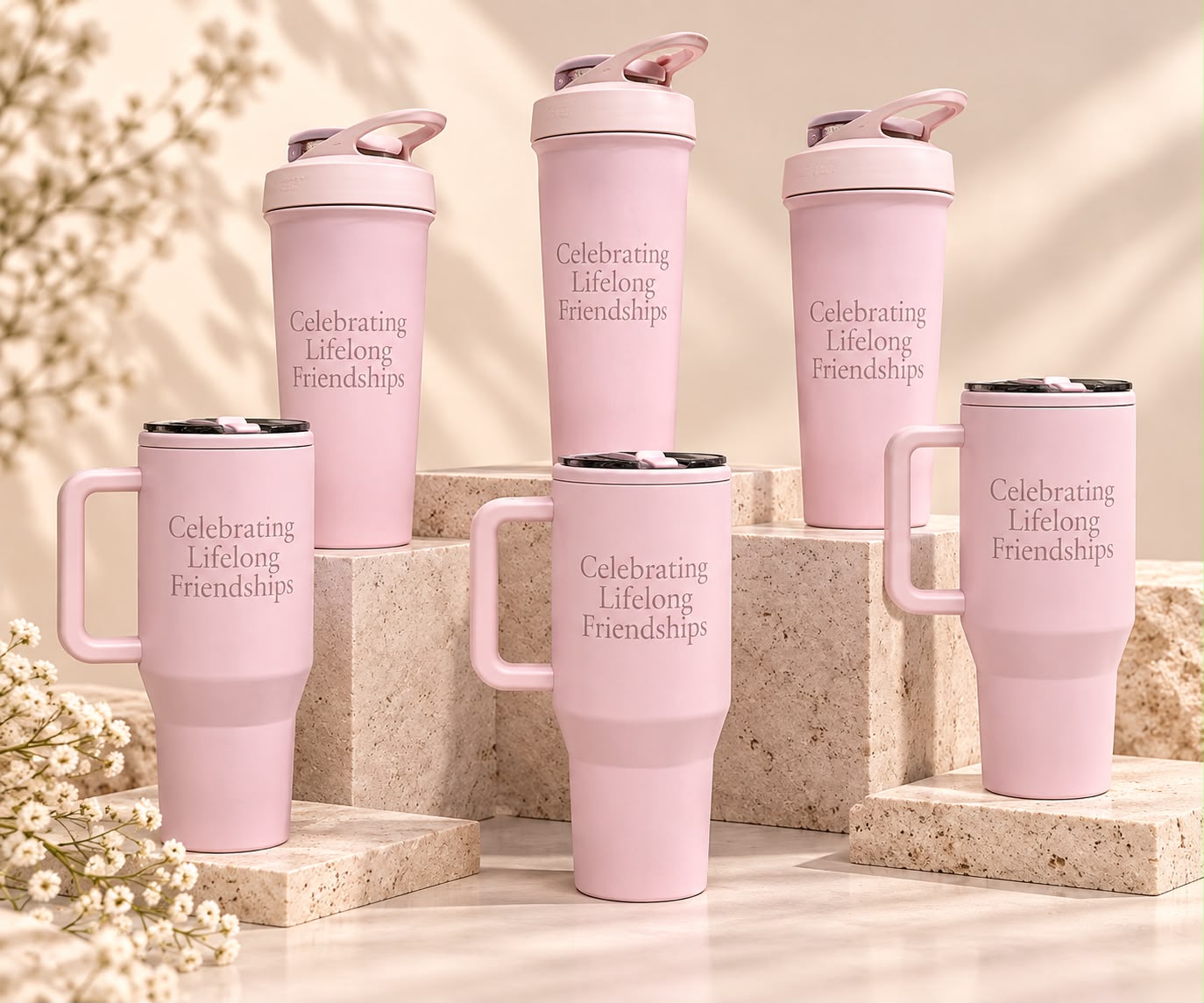 Pink tumblers and bottles personalized for a friendship celebration